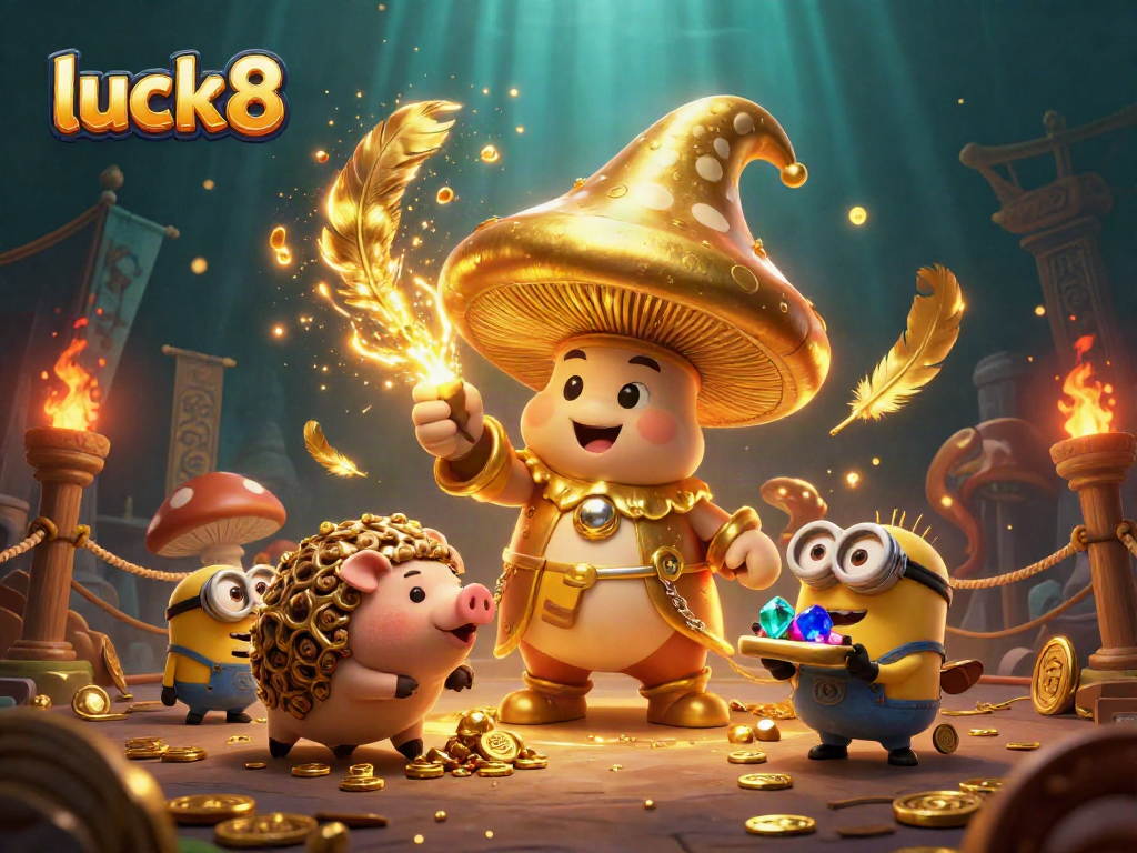 Experience the magic of luck8 with golden treasures and whimsical characters in a vibrant casino scene.