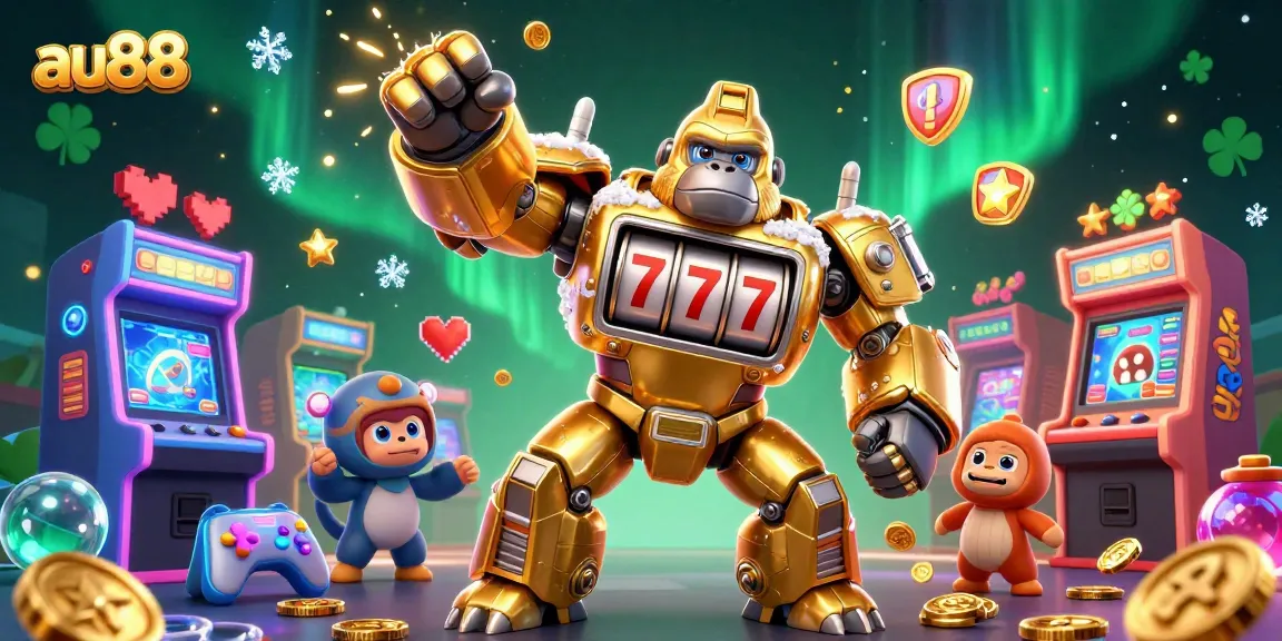 Experience exciting gaming at au88 with a dynamic illustration featuring a golden gorilla mech and vibrant arcade elements.