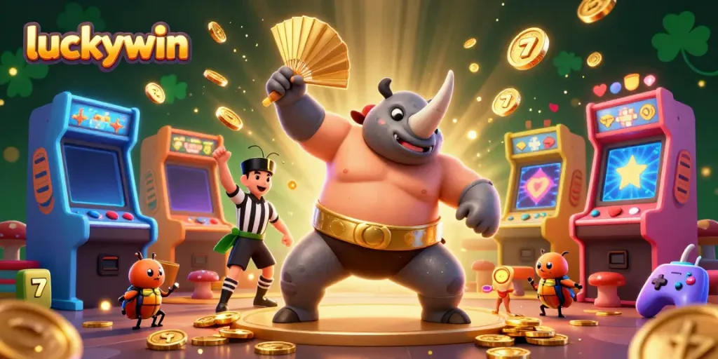 Experience thrilling fun with luckywin as a rhinoceros beetle champion gamely stomps golden coins into the air.