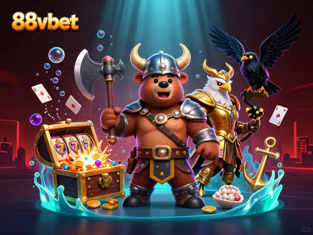 88vbet cartoon scene with Viking bear, Valkyrie eagle, and treasures, showcasing casino excitement.