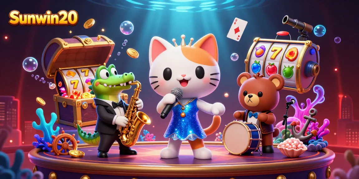 Experience the vibrant energy of Sunwin20 with lively casino characters amid a treasure-filled scene.