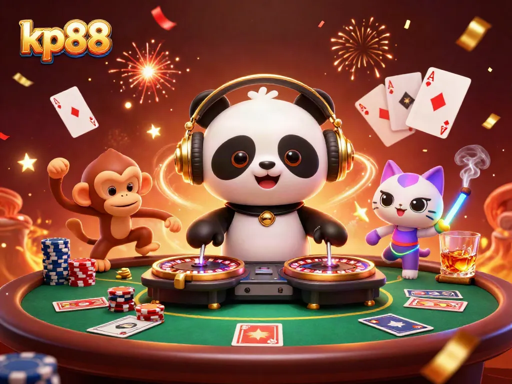 Engage in exciting casino fun at kp88 with a lively illustration featuring a DJ panda, dancing monkey, and rave kitten.