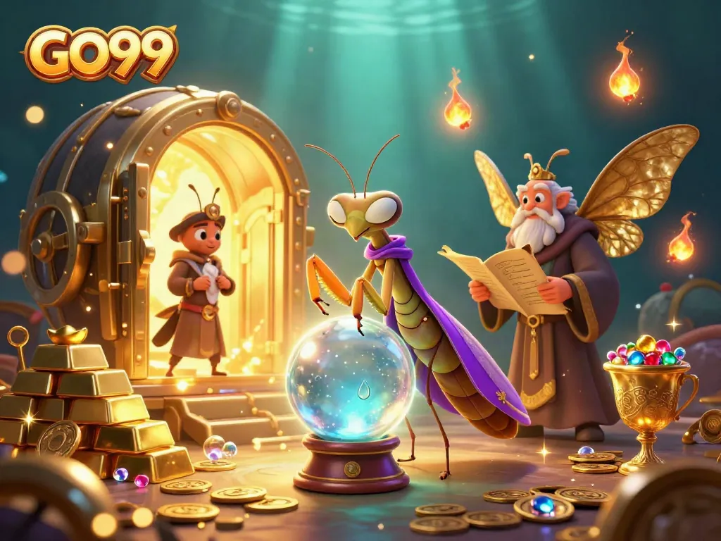 Spin into fortune with GO99, featuring vibrant casino characters among scattered gems and treasures.