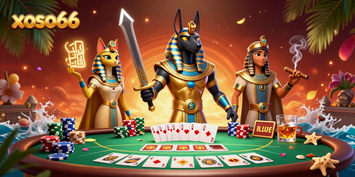 Exciting poker scene with ancient Egyptian warriors featuring xoso66 branding, emphasizing strategy and rich visuals.