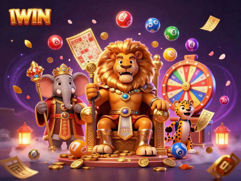 IWIN's vibrant online gaming universe with a regal lion king and exciting lottery elements.
