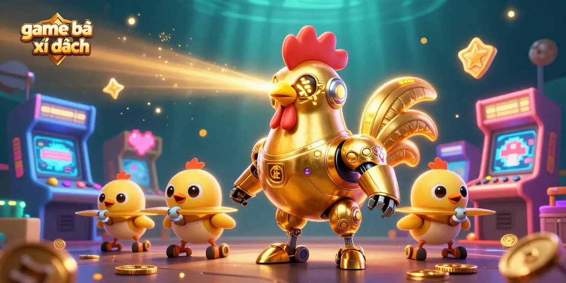 Engage in the game bài bài xì dách with a 3D illustration featuring a golden rooster robot and baby chick drones.