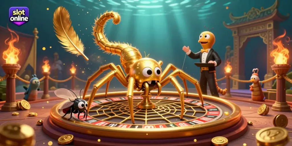 Engage with thrilling slot online fun featuring a 3D golden spider and a centipede croupier in an action-packed gaming scene.