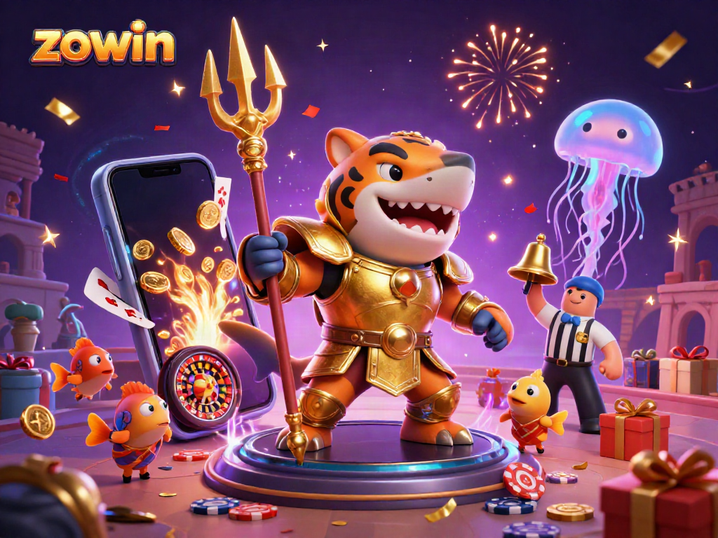 Zowin betting action with a tiger shark in gladiator armor celebrating amidst vibrant casino elements underwater.