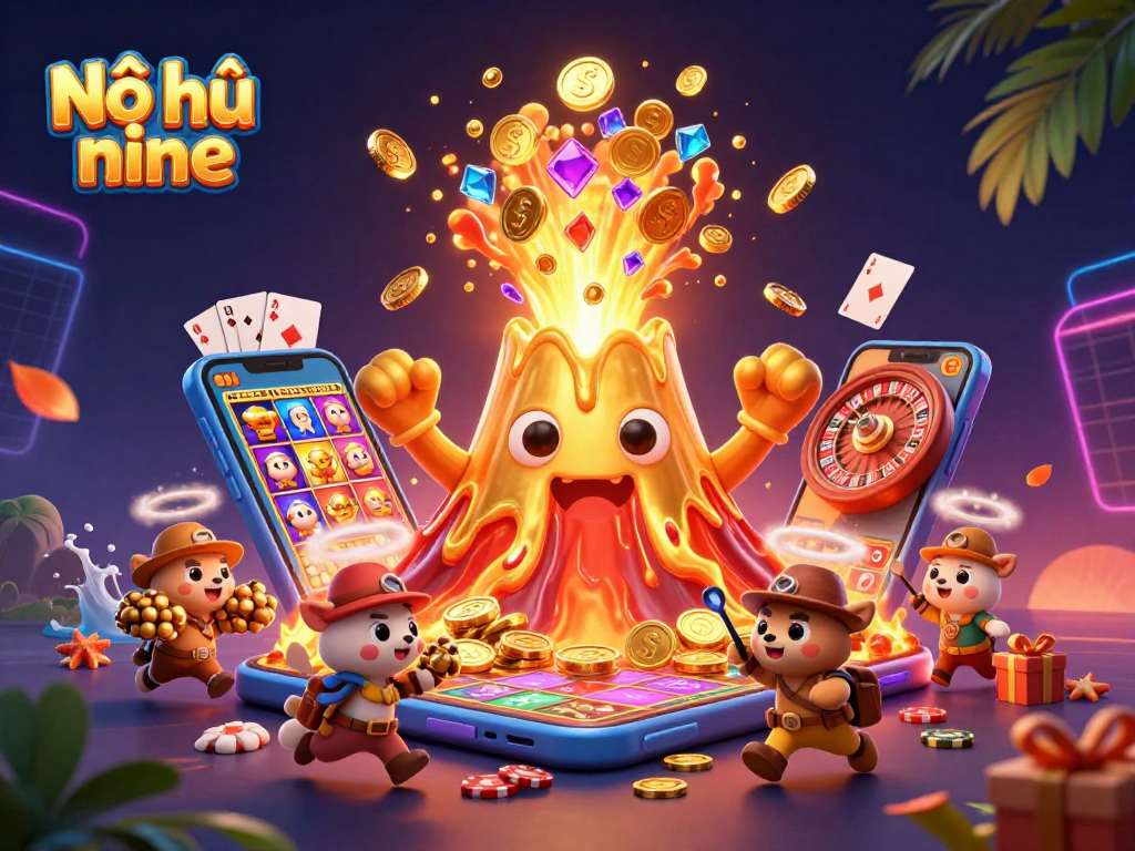 Nổ hũ nine delivers thrilling gameplay with vibrant illustrations of slot games and treasure-filled adventures.