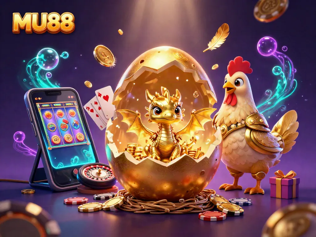 Engage with MU88's exciting casino atmosphere featuring golden dragon and poker chips.