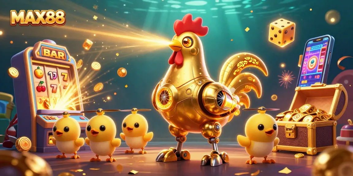 Engage in thrilling gameplay at MAX88 with a vibrant illustration of a jackpot explosion and dynamic slot elements.