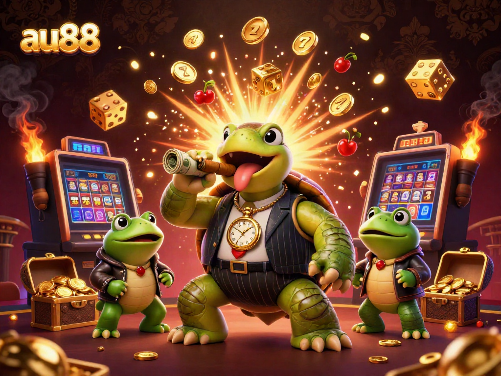 Experience thrilling online gaming with au88's vibrant casino illustration featuring unique characters.