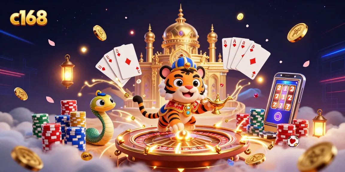 Winning at c168: Arabian Nights-themed 3D casino scene with vibrant game elements and characters