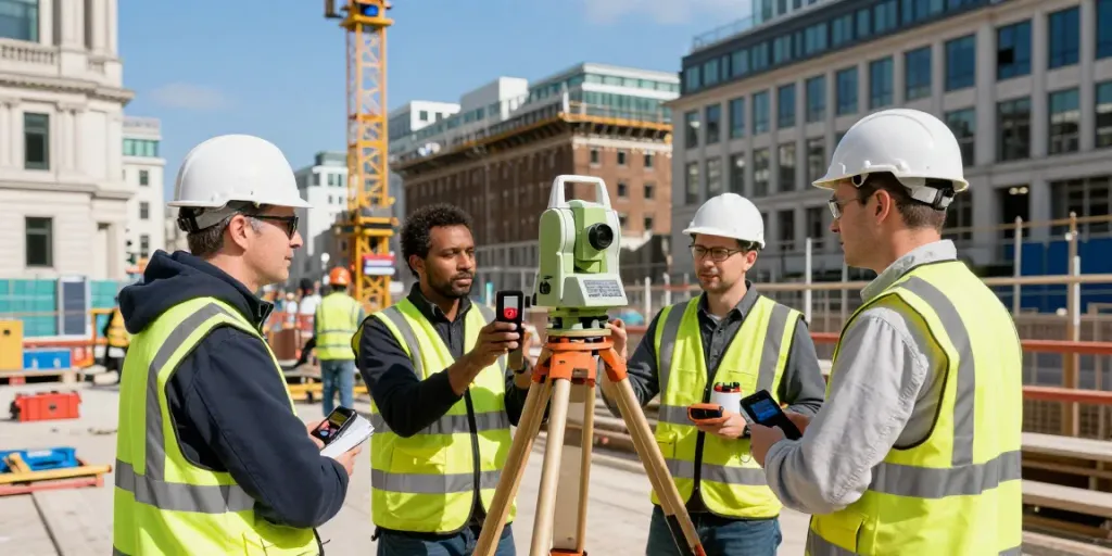 Utility Survey London team using advanced tools for precise measurements at a bustling construction site.