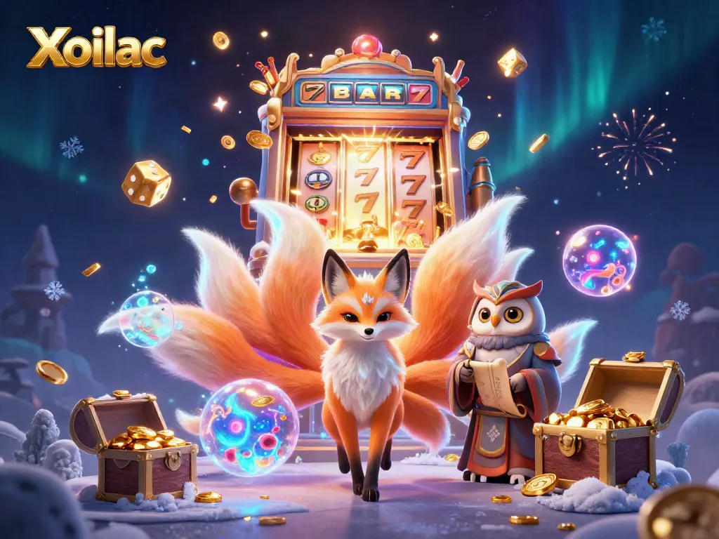 Xoilac offers a vibrant gaming atmosphere with a glowing fox, owl, and dynamic casino elements.