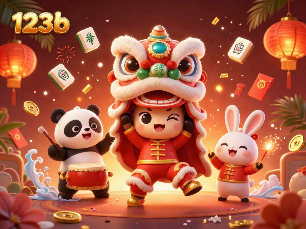 Experience excitement at 123b with festive lion dance, vibrant elements, and dynamic casino atmosphere.