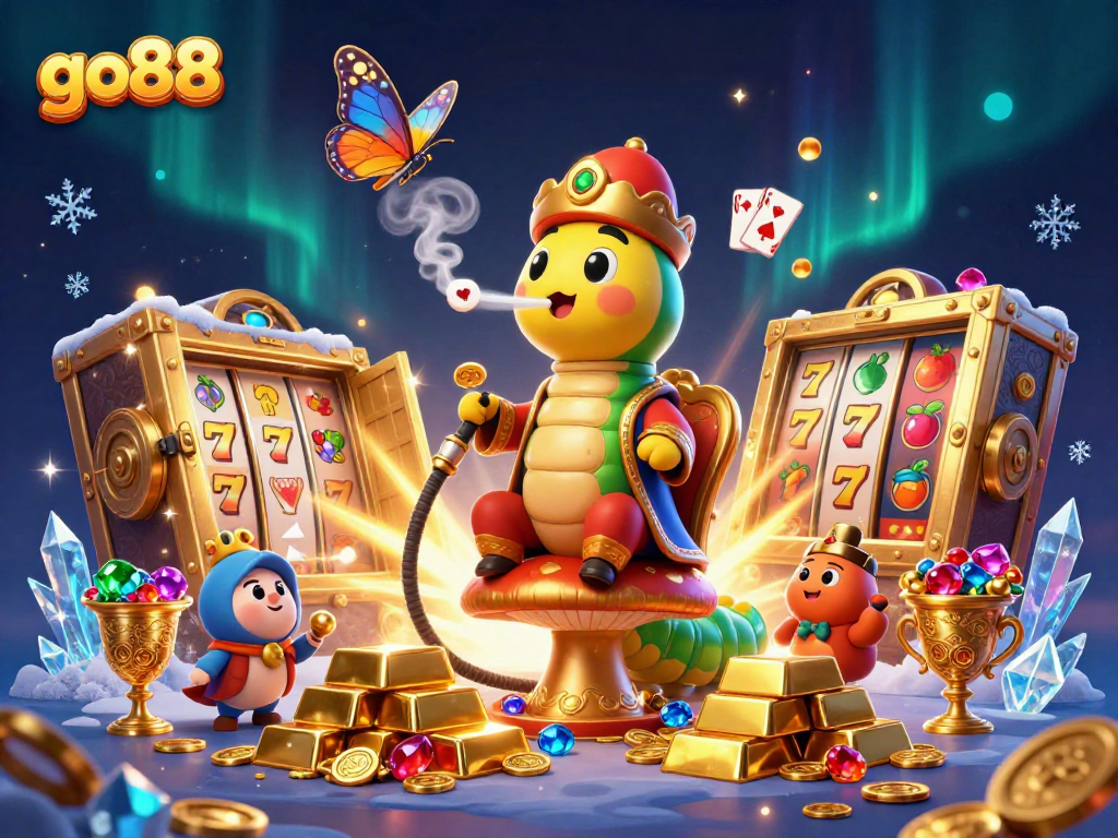 Engage with go88 and win big in a vibrant slots scene featuring a whimsical caterpillar master.