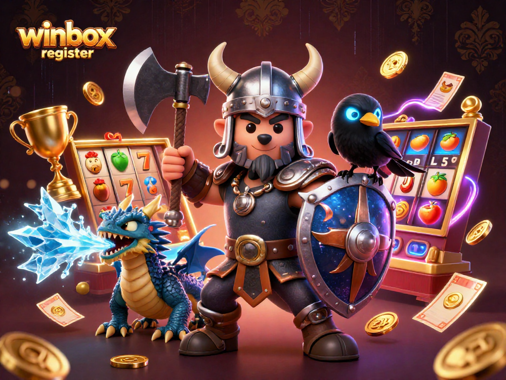 Engage with winbox register for effortless gaming setup; vibrant 3D slot scene featuring Viking and dragon.