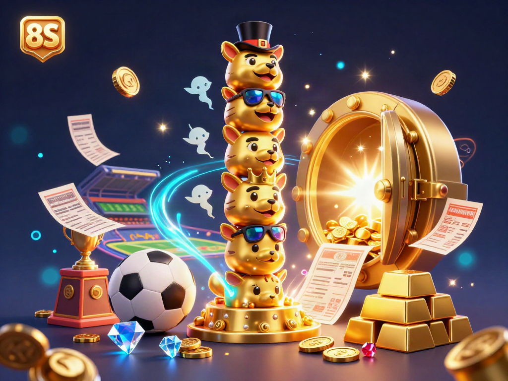 Experience the excitement of 8S sports betting with a vibrant, dynamic scene full of gold and trophies.
