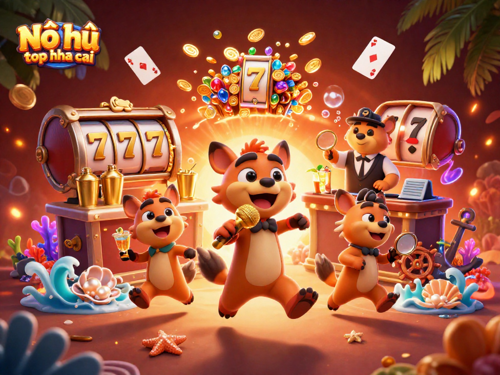 Nổ hũ top nha cai celebrates with a vibrant casino scene featuring lively hyenas and exciting slot elements.