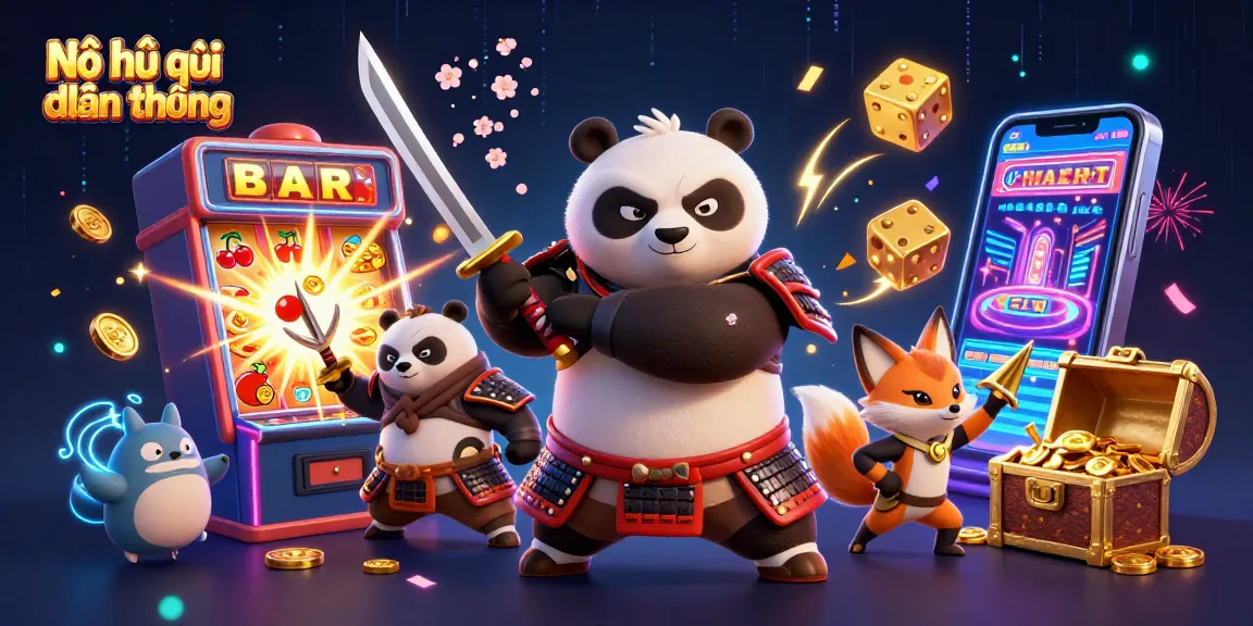 Nổ hũ quyết chiến tiền thưởng showcases a dynamic scene with a fierce samurai panda and a ninja fox, celebrating a casino jackpot.