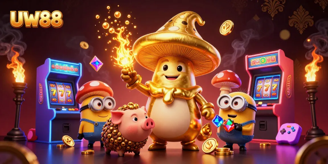 Experience thrilling gameplay with UW88's golden wizard amidst vibrant slots and treasures.