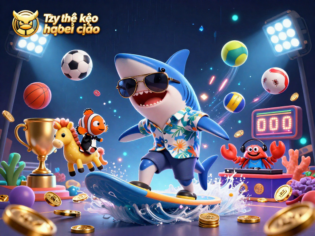 Tỷ lệ kèo nhà cái showcased in a vibrant 3D scene with a shark and sports elements, highlighting dynamic betting action.