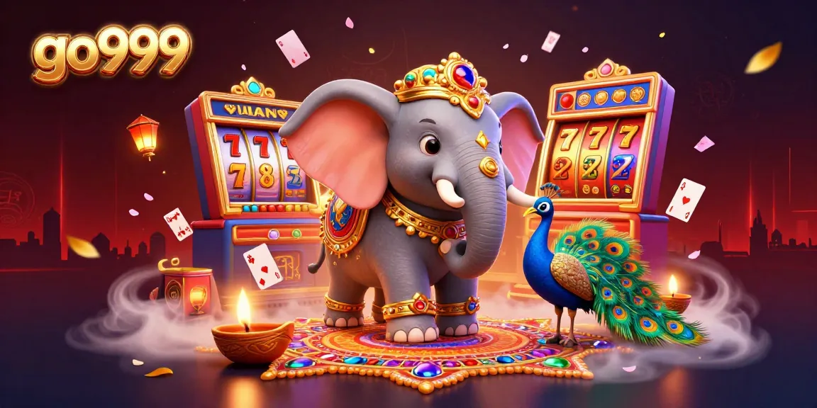 Engage with go999's exciting slot games alongside colorful characters and festive elements in a dynamic casino scene.