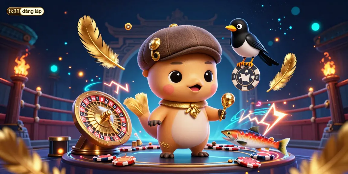 Experience tk88 đăng nhập excitement with Nessie and friends in a lively casino-themed illustration.