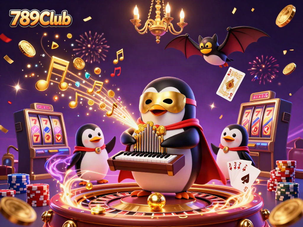 Experience thrilling moments with 789Club as a penguin plays an organ shooting coins, celebrating with a bat acrobat.