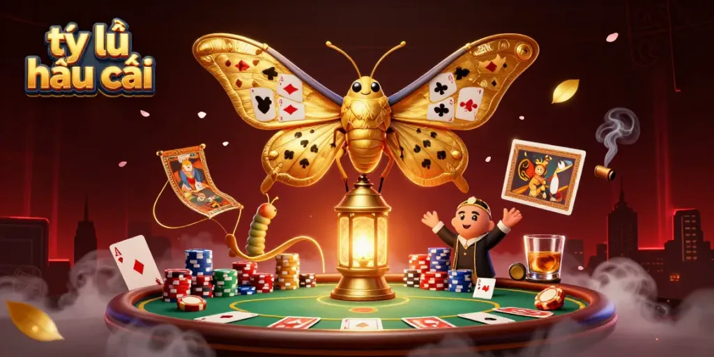 Engage with tỷ lệ nhà cái through a vibrant scene of a majestic moth and casino elements.
