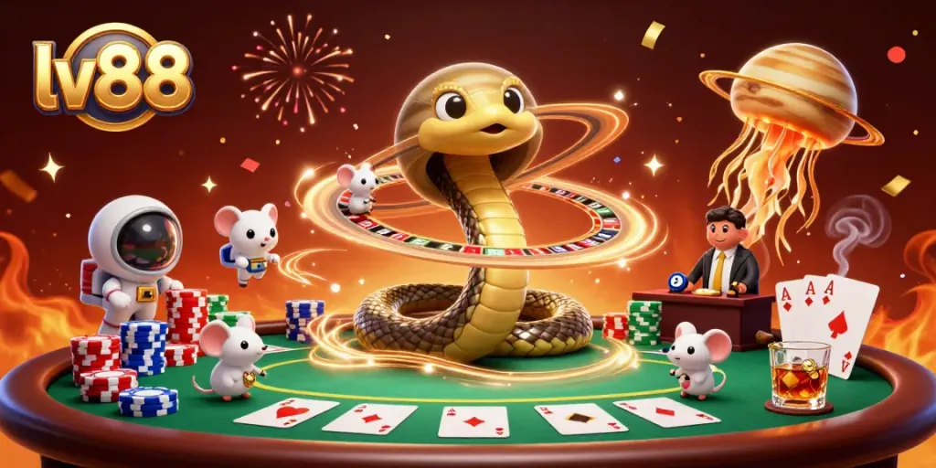 Experience the excitement of betting at lv88 with a dynamic cosmic casino scene featuring a roulette snake and poker mice.