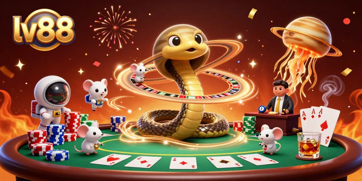 Experience the excitement of betting at lv88 with a dynamic cosmic casino scene featuring a roulette snake and poker mice.
