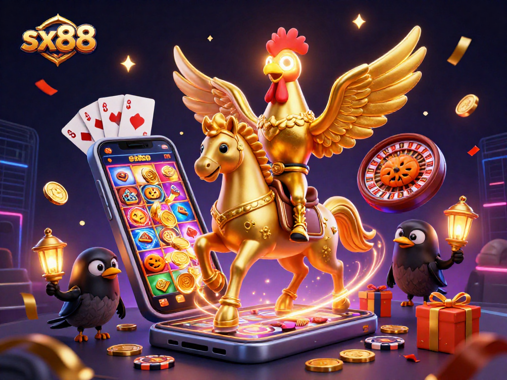 SX88 golden rooster leads a thrilling midnight casino scene with vibrant slots and festive decor