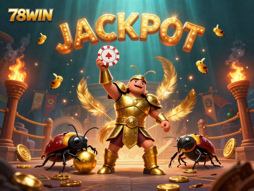 Experience the thrilling world of 78WIN with dynamic characters depicting a victorious bug lifting a poker chip.