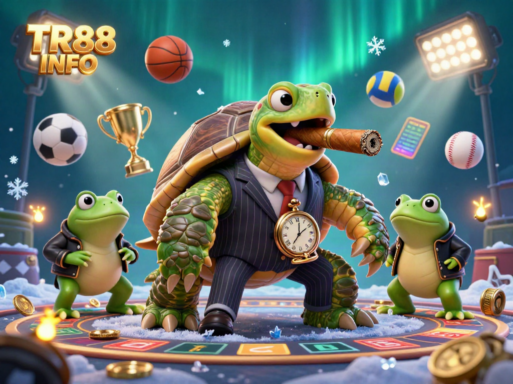 Engage with TR88 INFO in a vibrant casino scene featuring a snapping turtle and bullfrog enforcers surrounded by sports-themed elements.
