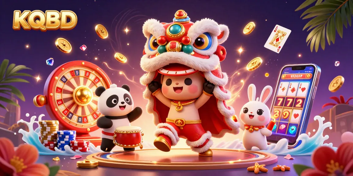 KQBD showcases live sports betting action with a vibrant 3D illustration featuring a lion dance, drumming panda, and overflowing coins.