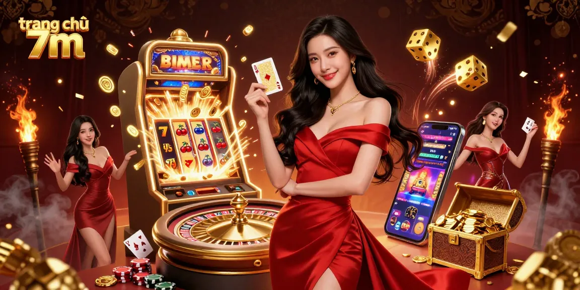 Experience the excitement of trang chủ 7m with a stunning Asian woman holding a golden card next to a roulette wheel.