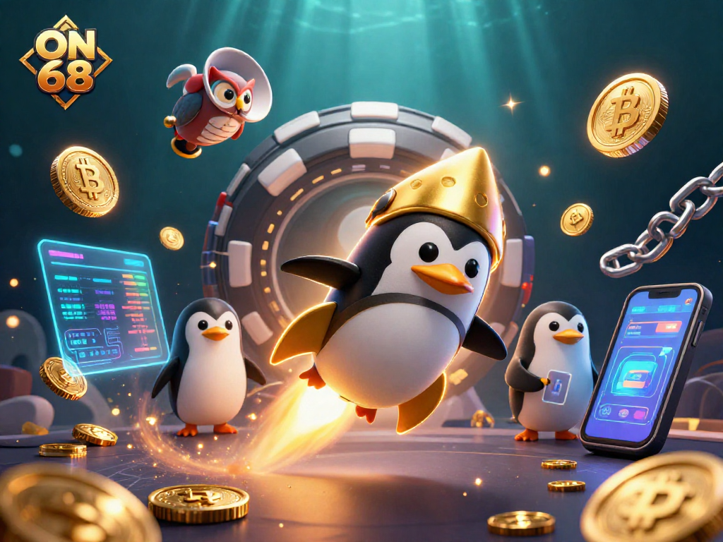 Experience the thrill of ON 68 with a golden penguin racing through space towards a casino station.