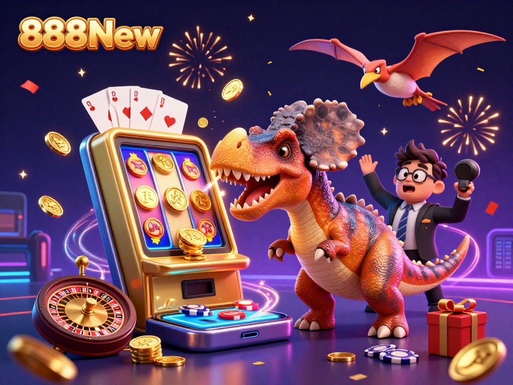Engage with 888New as a dinosaur wins jackpot coins from a slot machine, showcasing vibrant casino elements.