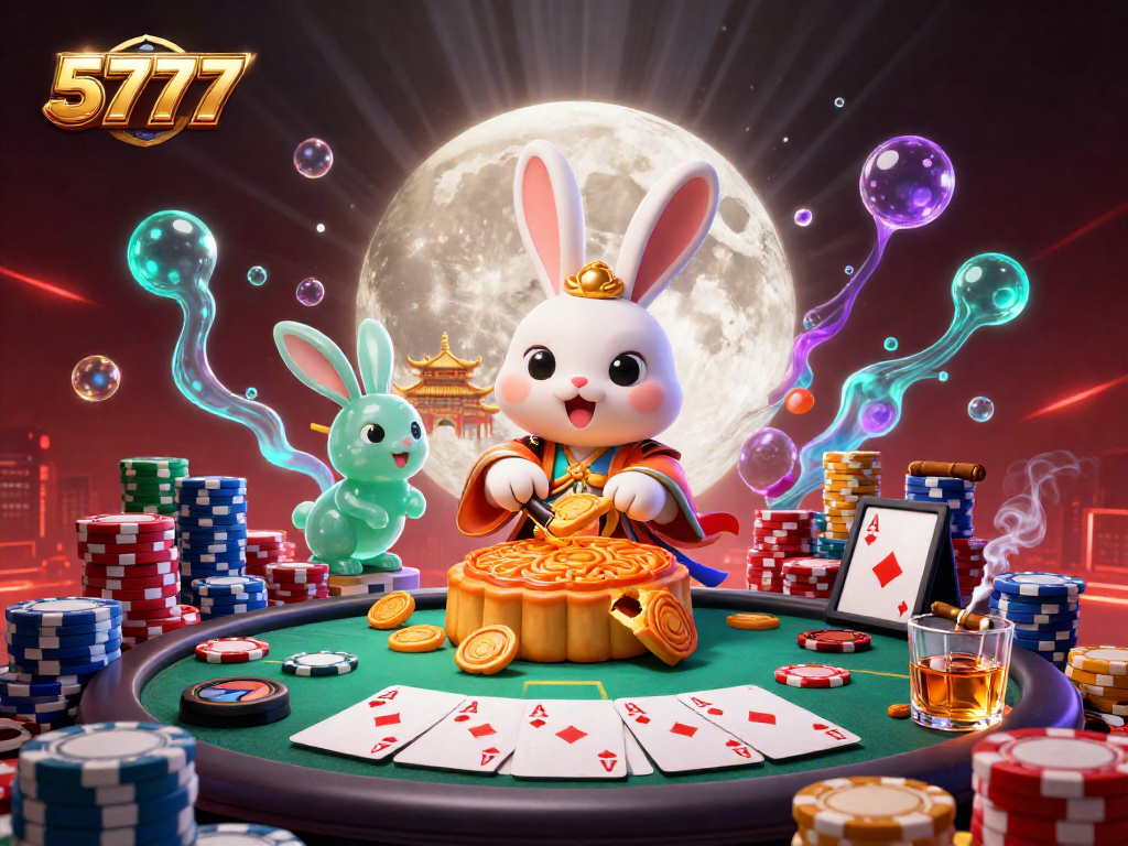 Engage in thrilling casino action with 5777's vibrant poker scene featuring unique characters and game elements.