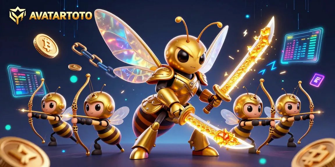 Experience the thrill of AVATARTOTO with a dynamic 3D illustration showcasing a golden hornet and crypto symbols.