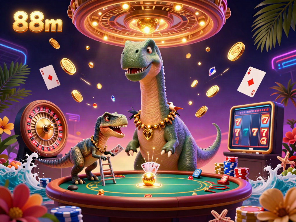 Join the thrilling 88m casino experience with a dinosaur dealing cards amid sparkling gems.