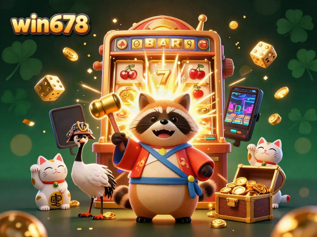Experience thrilling wins with win678's vibrant casino scene featuring lucky symbols and festive characters.