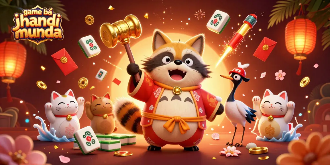 Play game bài jhandi munda with lively tanuki and lucky symbols in a vibrant, festive illustration.