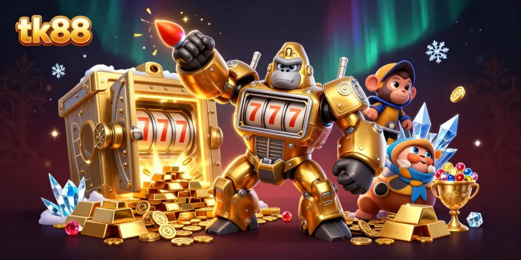 Experience thrilling adventures at tk88 with our vibrant casino-themed 3D illustration.
