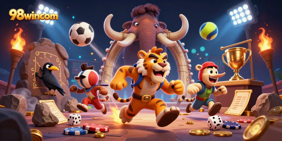 Bet on excitement with 98wincom, featuring a lively prehistoric casino scene filled with sports elements.