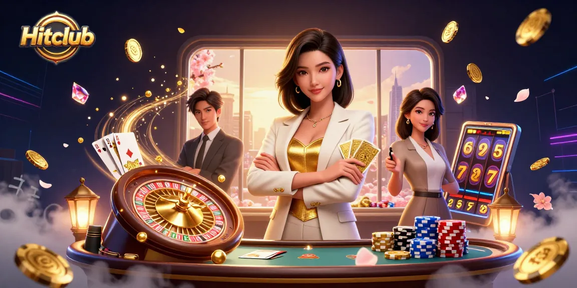 Hitclub showcases a powerful Asian businesswoman in a glamorous casino setting, surrounded by dynamic game elements.