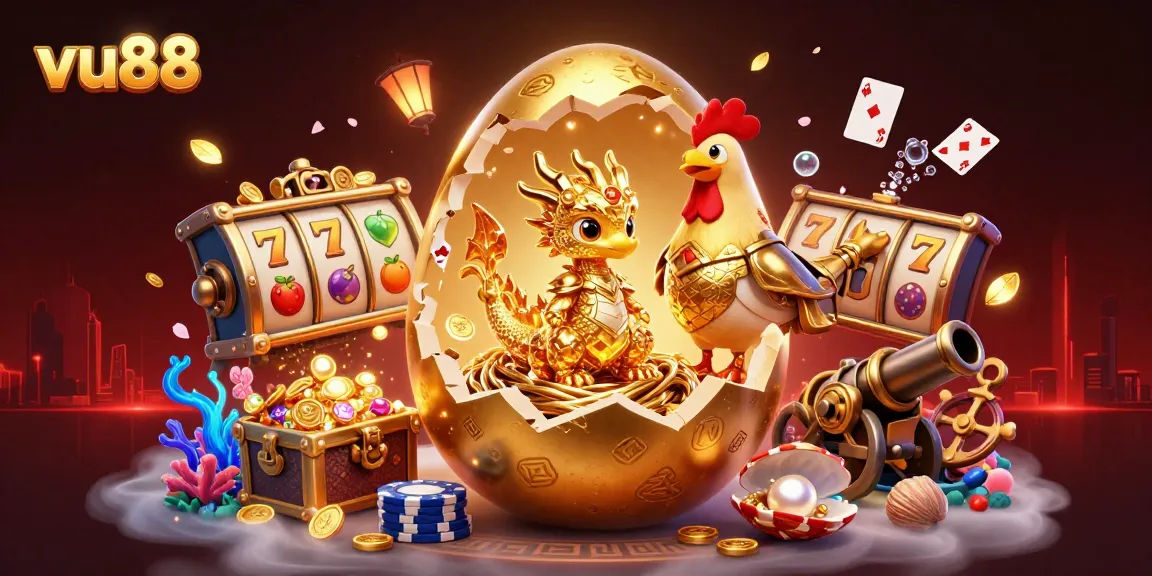 Experience the excitement of vu88 with this vibrant casino scene featuring a golden dragon and slot reels.