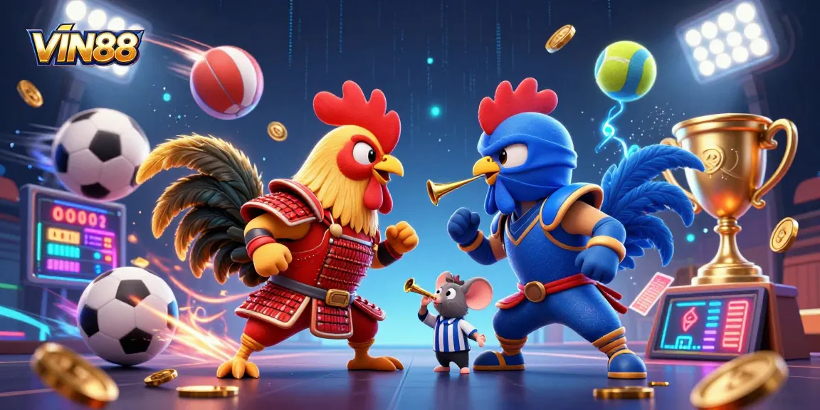 VIN88 showcases rooster mascots in combat, emphasizing sports betting excitement in a vibrant 3D scene.